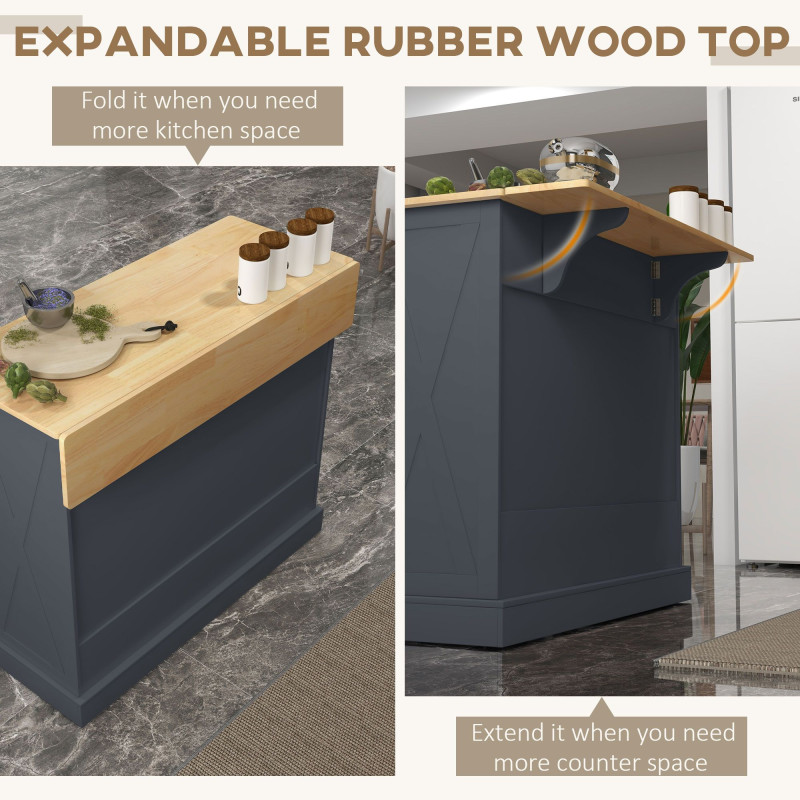 Kitchen Island with Drop Leaf, Rolling Kitchen Cart with 2 Drawers, Adjustable Shelves and Wood Countertop, Dark Grey
