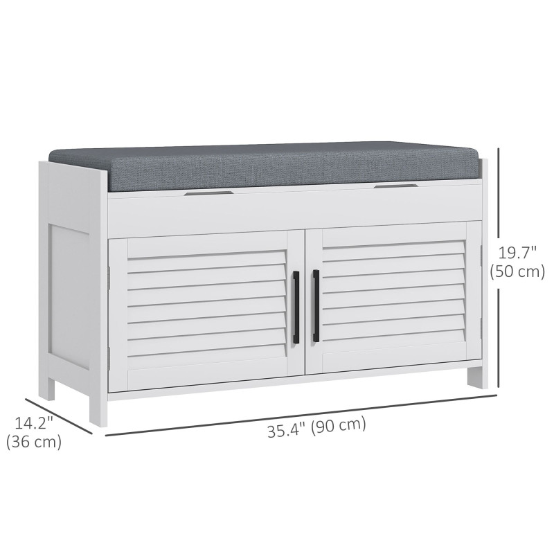 Entryway Bench with Cushion, Hidden Storage, Adjustable Shelves and Shutter Doors, 35.4