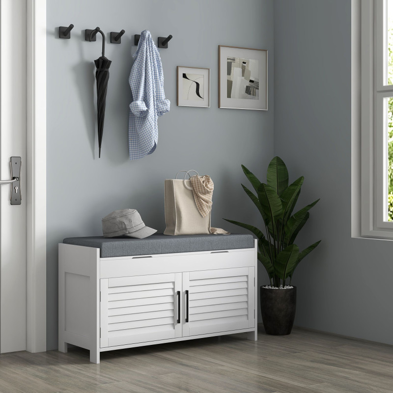 Entryway Bench with Cushion, Hidden Storage, Adjustable Shelves and Shutter Doors, 35.4