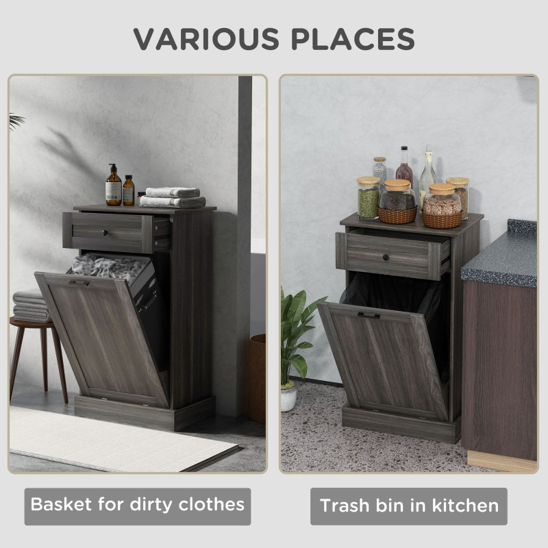 Kitchen Tilt Out Trash Bin Cabinet, Free Standing Recycling Cabinet, Trash Can Holder with Drawer, Charcoal Grey