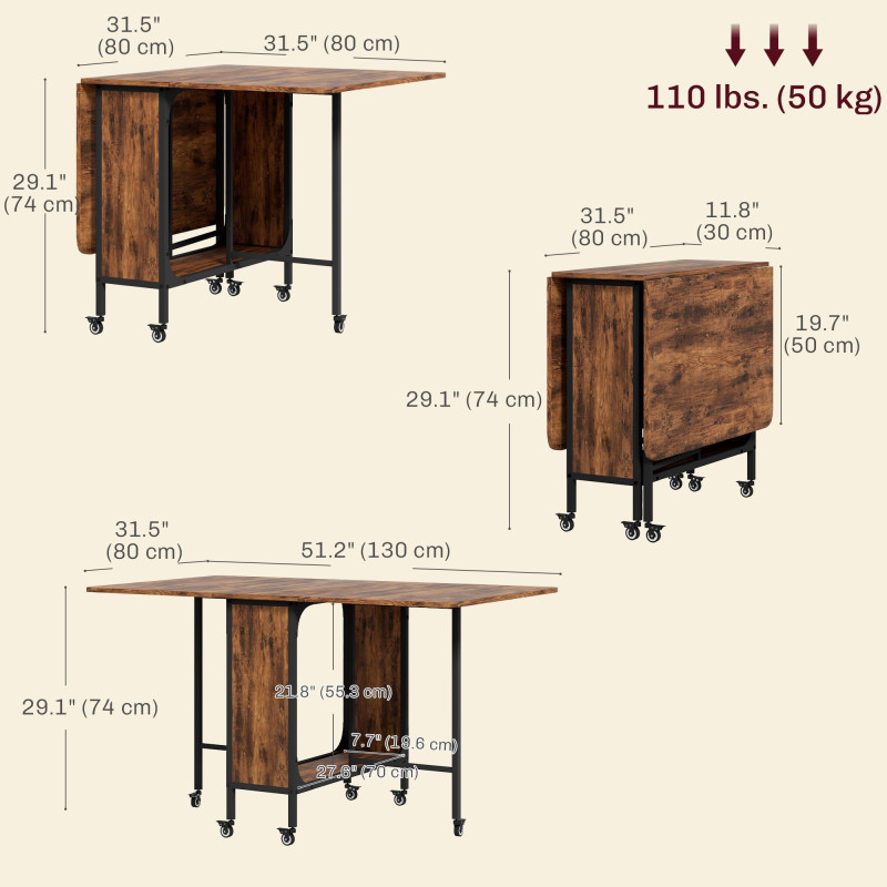 Folding Dining Table, Extendable Kitchen Table for Small Spaces with Storage Shelf and 6 Wheels, Rustic Brown