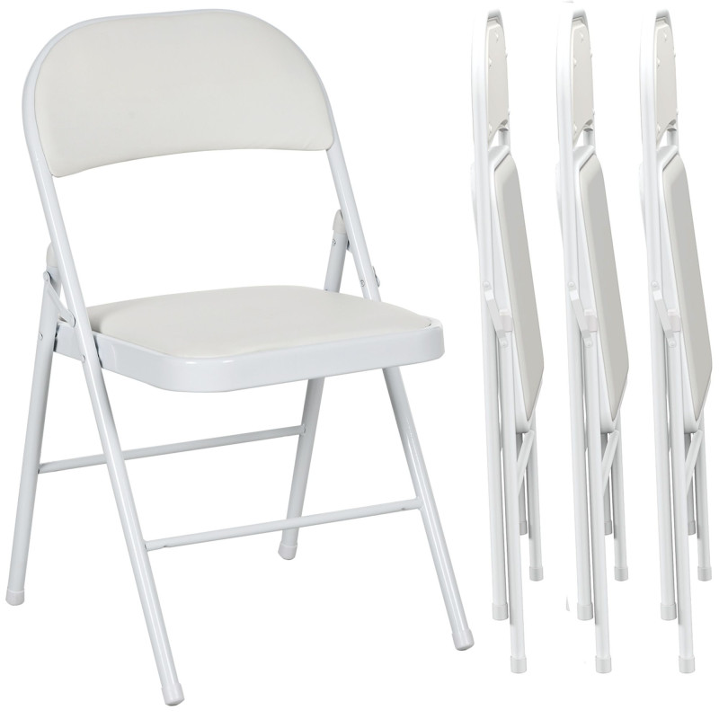 Set of 4 Metal Foldable Chairs, PU Leather Padded Folding Chairs with Cushion Seat and Open Back for Indoor, White