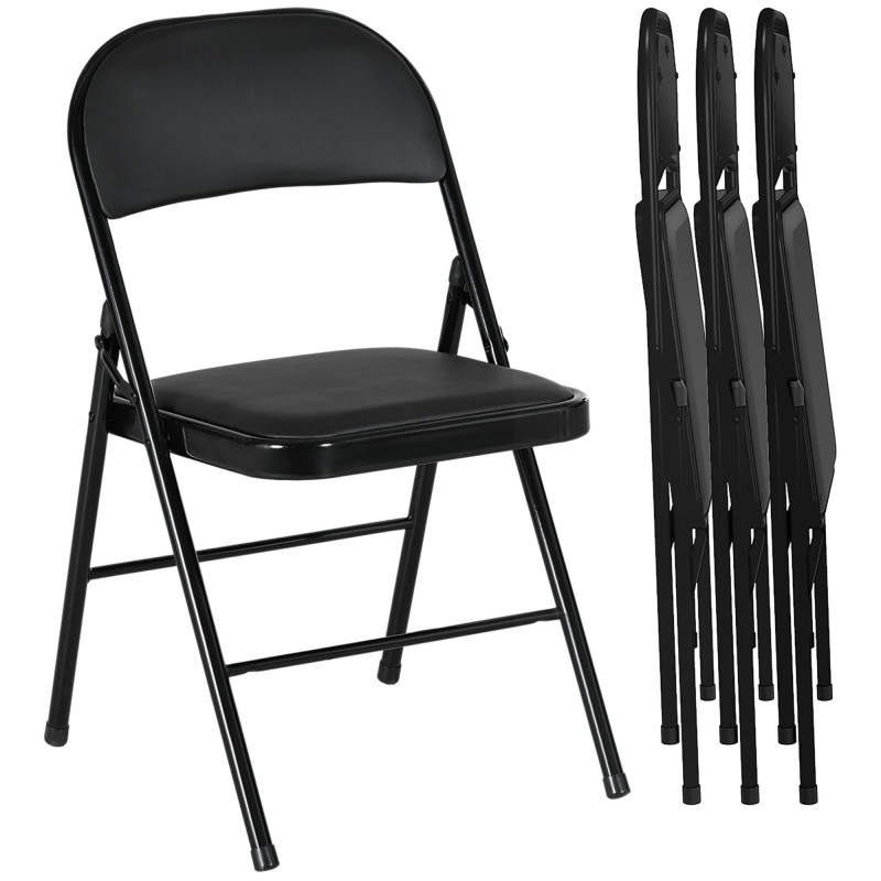Set of 4 Metal Foldable Chairs, PU Leather Padded Folding Chairs with Cushion Seat and Open Back for Indoor, Black