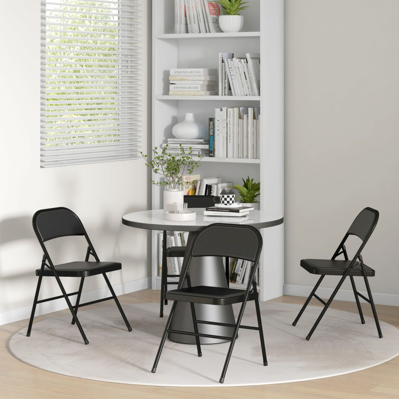 Set of 4 Metal Foldable Chairs, PU Leather Padded Folding Chairs with Cushion Seat and Open Back for Indoor, Black