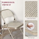 Set of 4 Metal Foldable Chairs, Linen Fabric Padded Folding Chairs with Cushion Seat and Open Back for Indoor, Beige