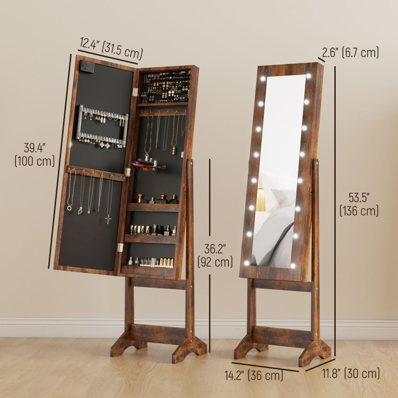 Free Standing Armoire Organizer, Lighted Mirrored Jewelry Cabinet w/ Angle Adjustable & 16 LED Lights Rustic Brown