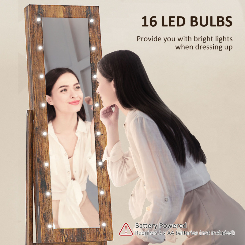 Free Standing Armoire Organizer, Lighted Mirrored Jewelry Cabinet w/ Angle Adjustable & 16 LED Lights Rustic Brown