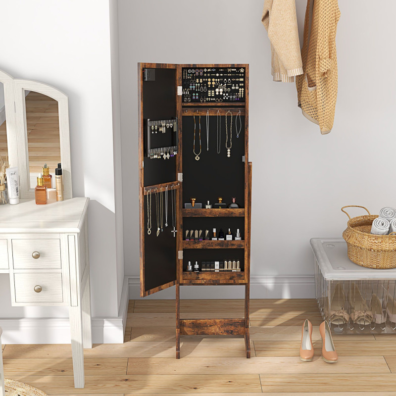 Free Standing Armoire Organizer, Lighted Mirrored Jewelry Cabinet w/ Angle Adjustable & 16 LED Lights Rustic Brown