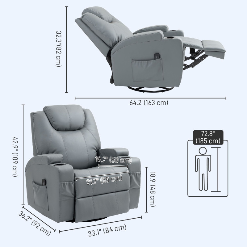 Massage Recliner Chair Leather Swivel Rocker Manual Reclining Chair with 8 Vibration Points, Cup Holders, Light Grey