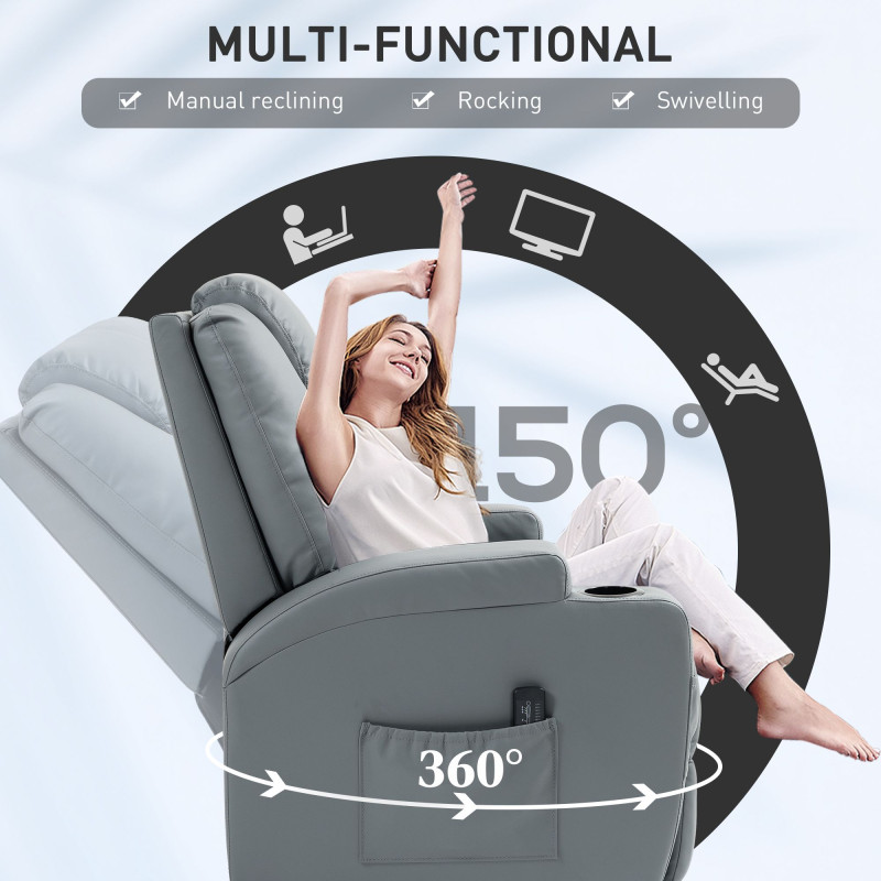 Massage Recliner Chair Leather Swivel Rocker Manual Reclining Chair with 8 Vibration Points, Cup Holders, Light Grey