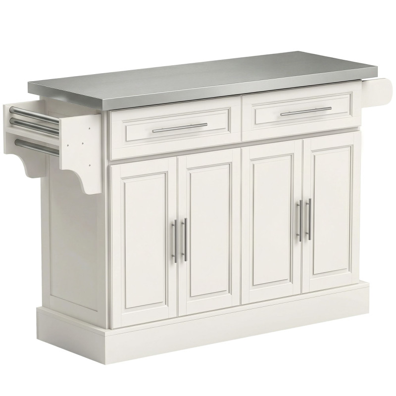 Rolling Kitchen Island with Storage and Stainless Steel Top, Kitchen Trolley with Drawers, Cabinets, Towel Rack, Cream