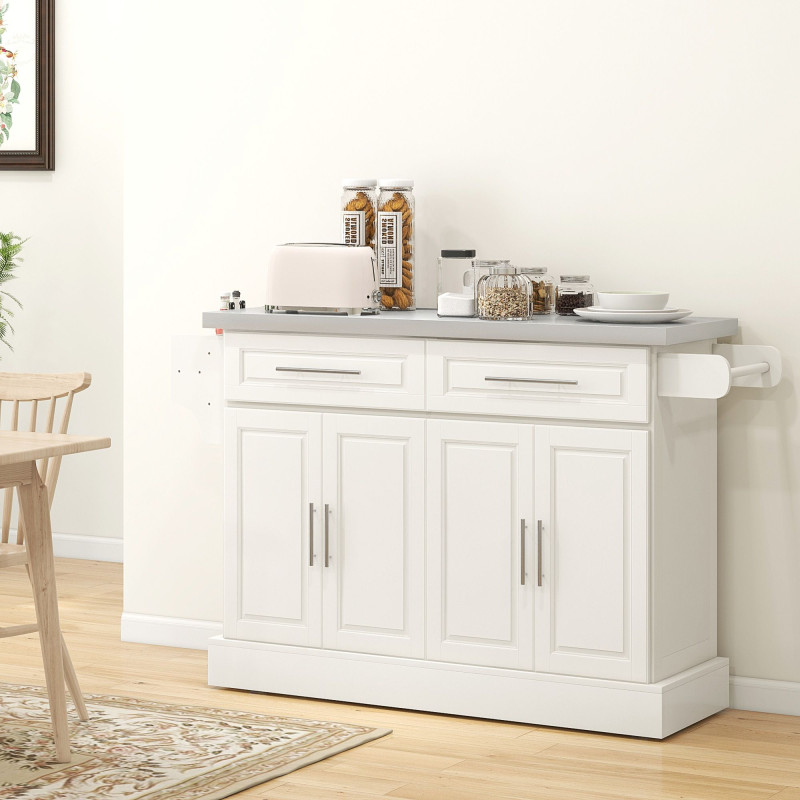 Rolling Kitchen Island with Storage and Stainless Steel Top, Kitchen Trolley with Drawers, Cabinets, Towel Rack, Cream