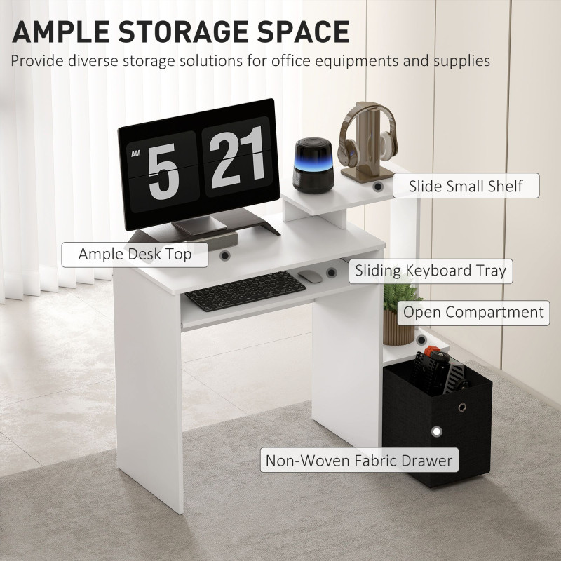 Computer Desk with Sliding Keyboard Tray Storage Drawer Shelf Home Office Workstation White