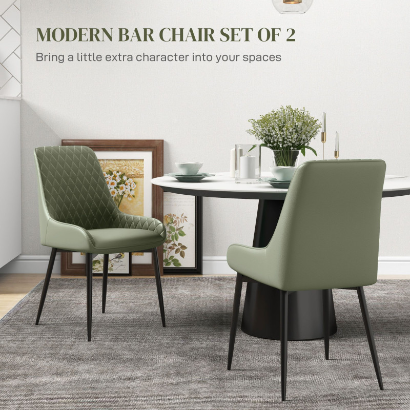 Upholstered Kitchen Chairs, Modern Dining Chairs Set of 2 with Diamond Tufting and Steel Legs for Dining Room, Green