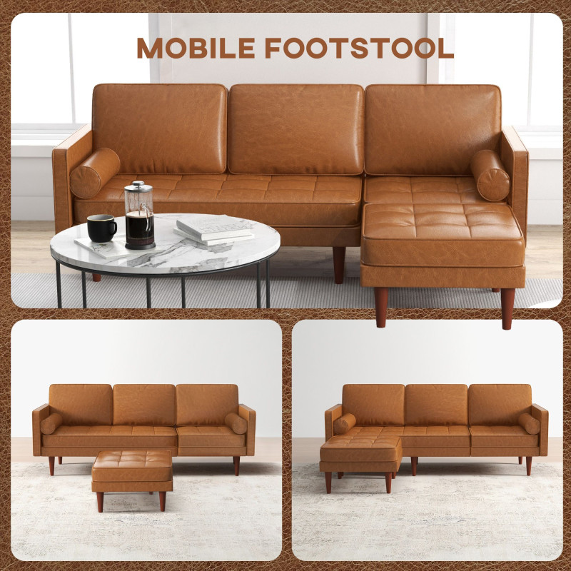 Faux Leather Sectional Sofa Couch L-Shaped Corner Sofa Set with Footstool and 2 Bolster Pillows, Brown