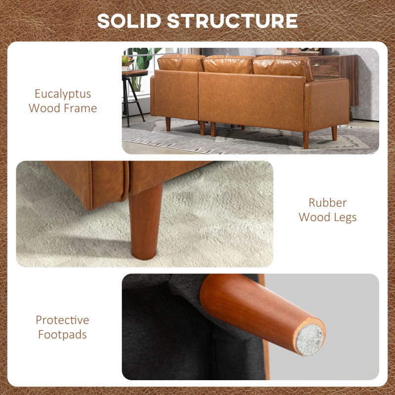 Faux Leather Sectional Sofa Couch L-Shaped Corner Sofa Set with Footstool and 2 Bolster Pillows, Brown