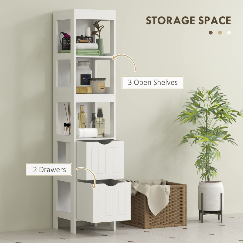 Narrow Bathroom Storage Cabinet, Bathroom Cabinet with 2 Drawers & 3 Open Shelves, Slim Bathroom Floor Cabinet, White