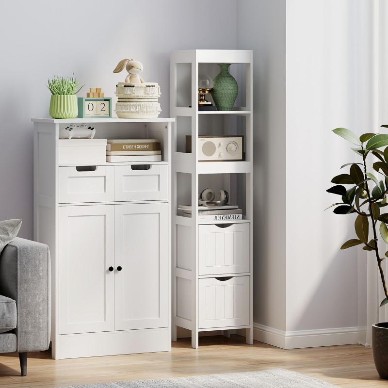 Narrow Bathroom Storage Cabinet, Bathroom Cabinet with 2 Drawers & 3 Open Shelves, Slim Bathroom Floor Cabinet, White