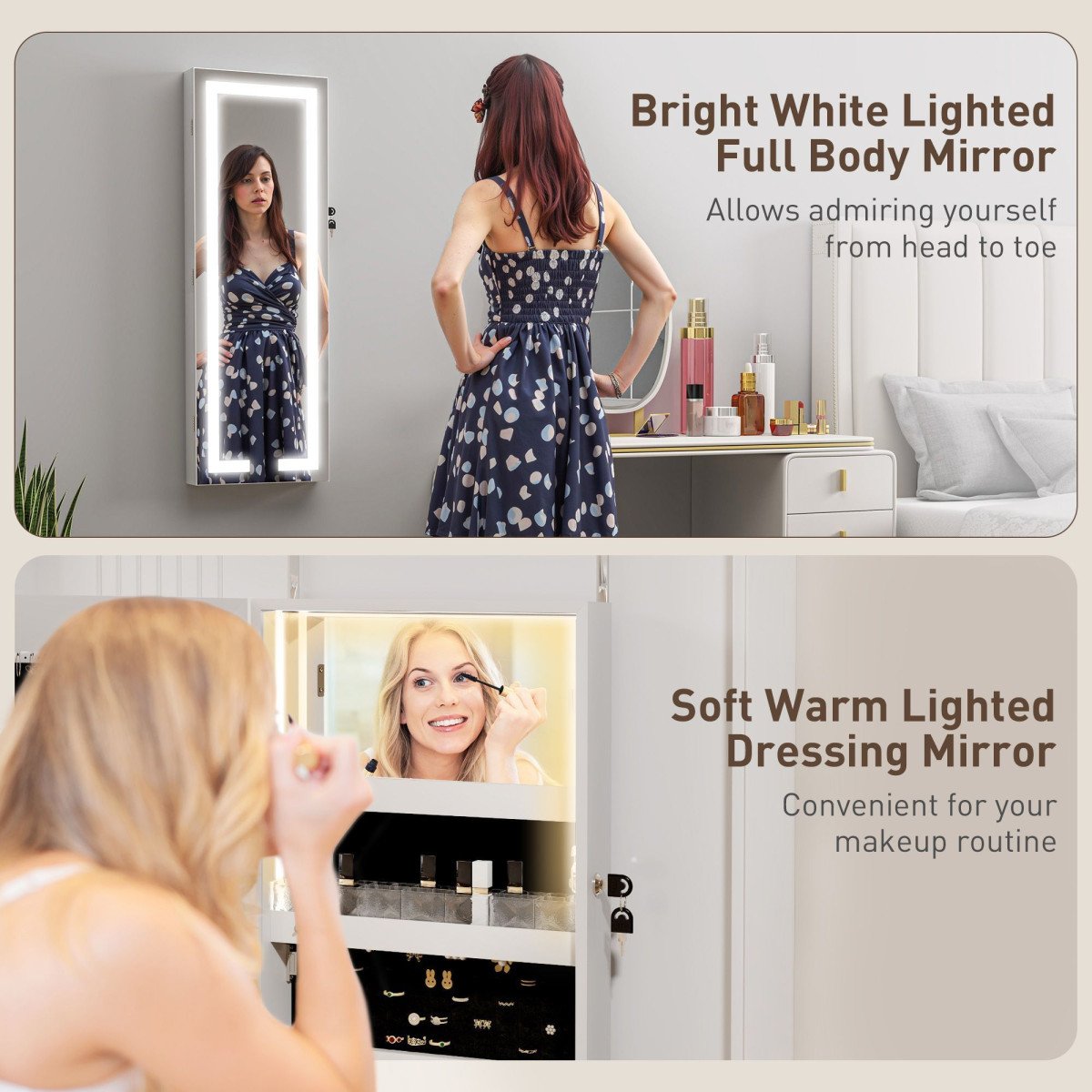 LED Lighted Jewelry Armoire with Mirror Jewelry Cabinet with Storage Lockable Door/Wall Mounted Jewelry Organizer, White