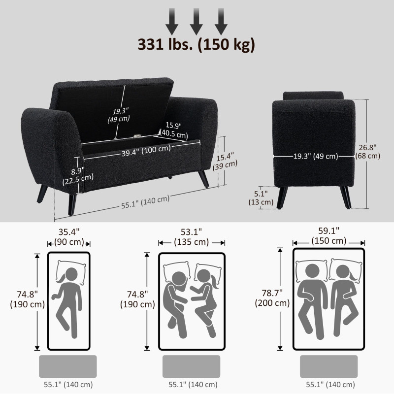 Upholstered Storage Bench with Arms, Modern Ottoman Bench for Bedroom, Entryway, and Living Room, Black