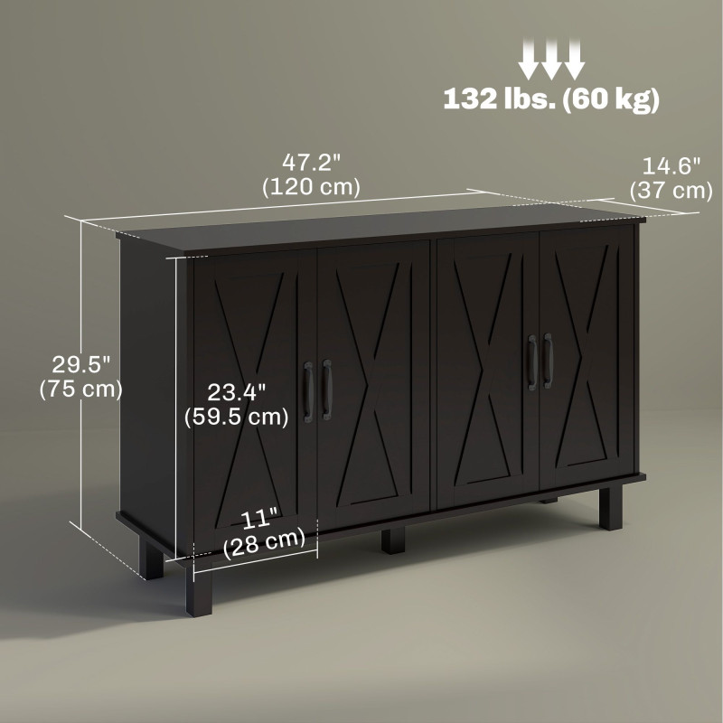Kitchen Sideboard Cabinet with 4 Barn Doors and 2 Adjustable Shelves, Buffet Table for Living Room, Hallway, Black