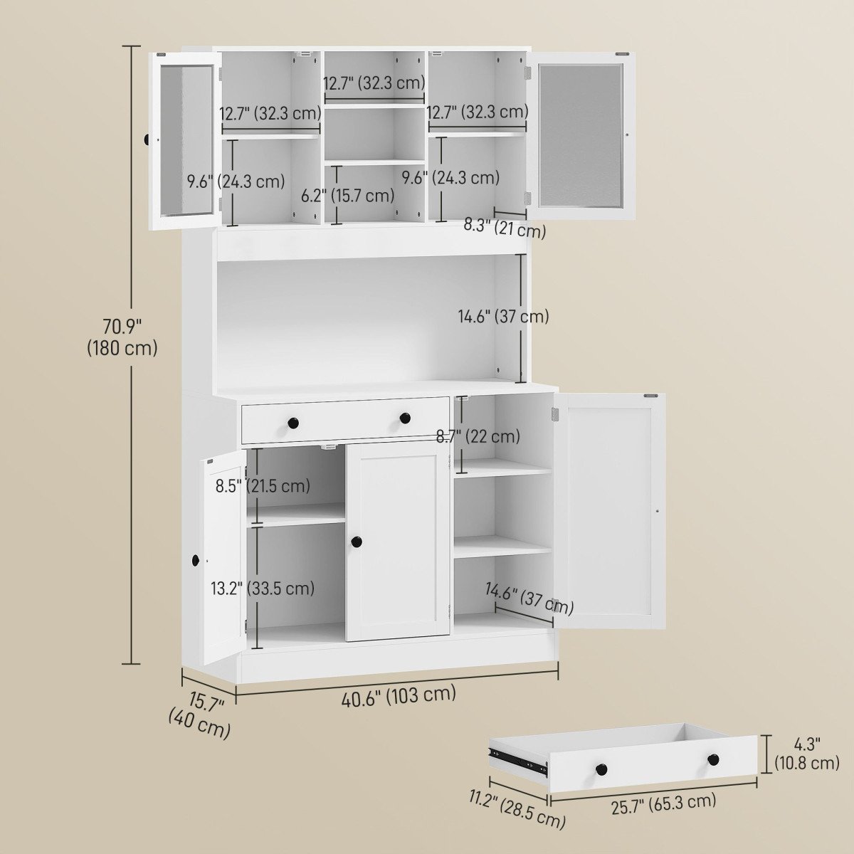 Tall Kitchen Pantry with LED Light, Freestanding Storage Cabinet with Hutch, Shelves, Drawer, Doors, White