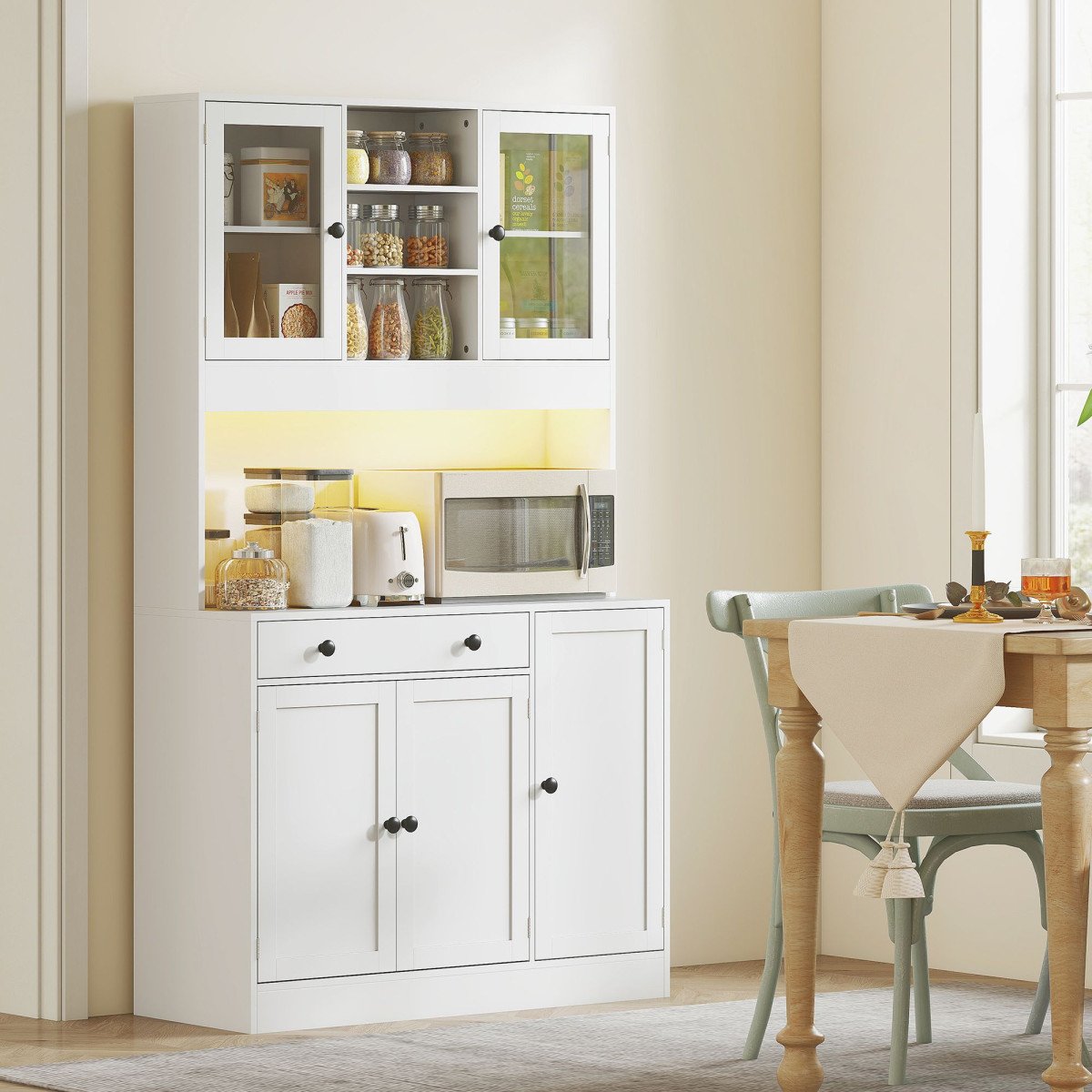 Tall Kitchen Pantry with LED Light, Freestanding Storage Cabinet with Hutch, Shelves, Drawer, Doors, White