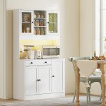 Tall Kitchen Pantry with LED Light, Freestanding Storage Cabinet with Hutch, Shelves, Drawer, Doors, White