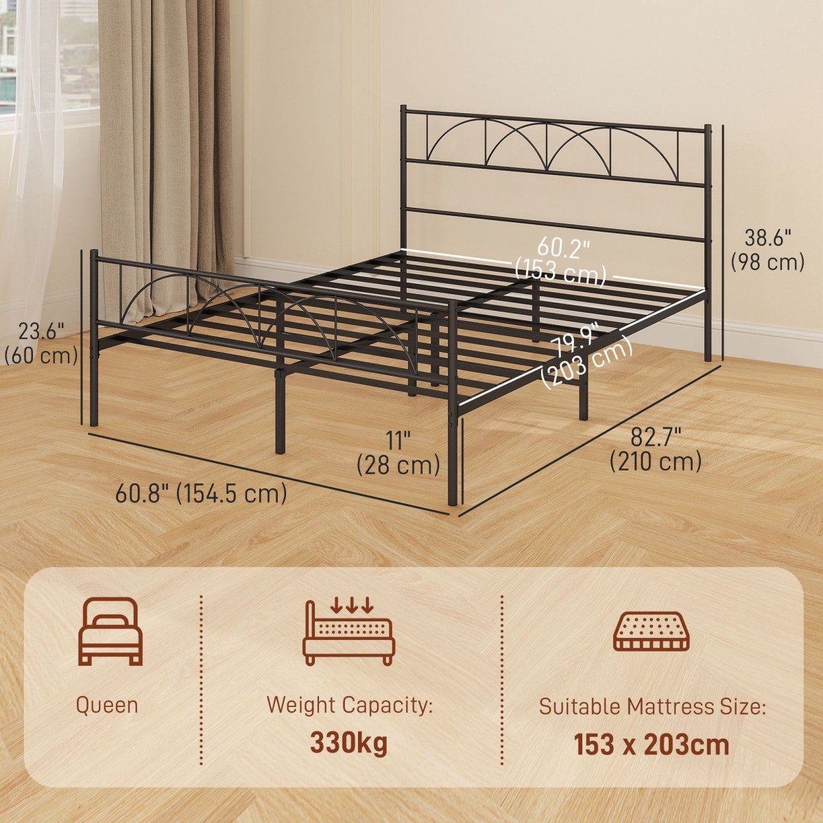 Metal Queen Platform Bed Frame with Headboard, Steel Slat Support, Underbed Storage, No Box Spring Needed, Easy Assembly