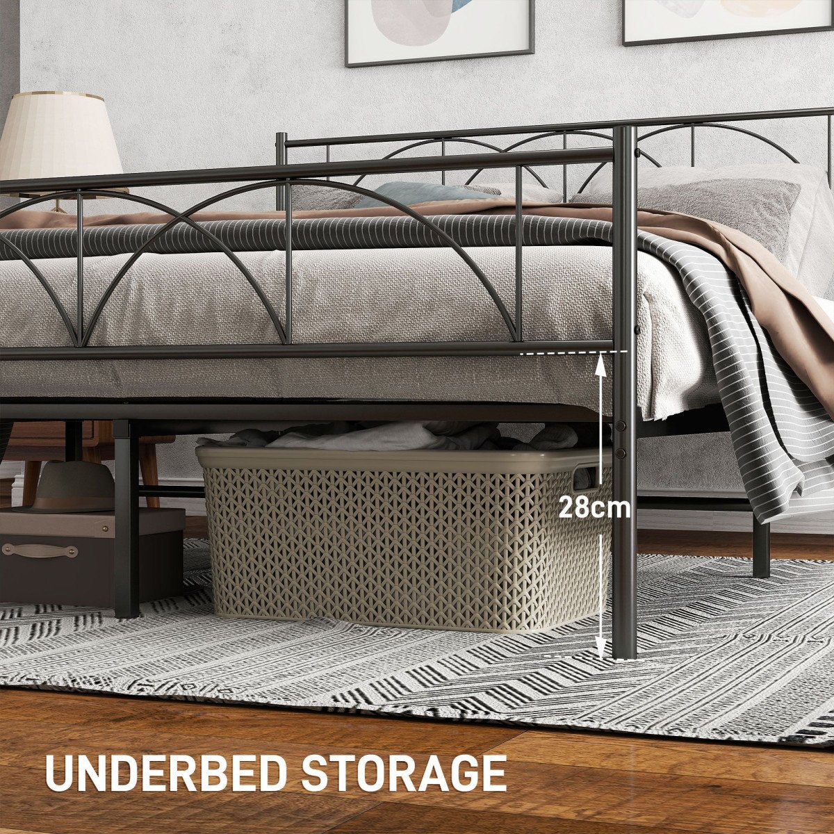 Metal Queen Platform Bed Frame with Headboard, Steel Slat Support, Underbed Storage, No Box Spring Needed, Easy Assembly