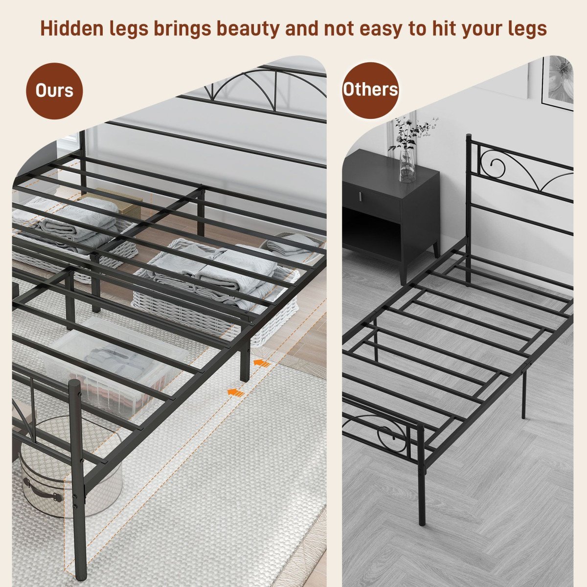 Metal Queen Platform Bed Frame with Headboard, Steel Slat Support, Underbed Storage, No Box Spring Needed, Easy Assembly