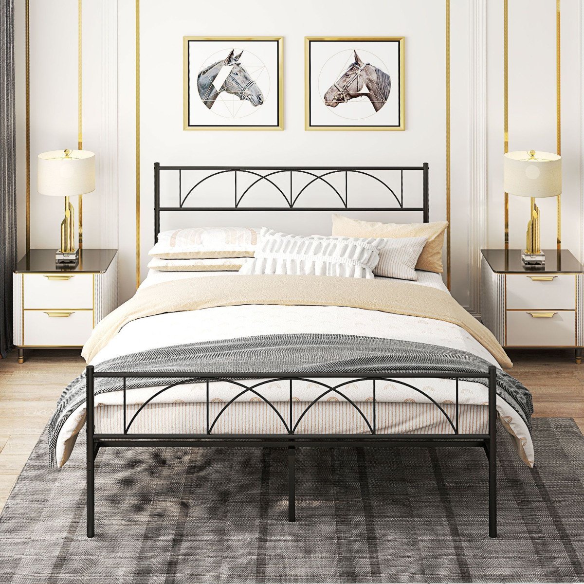 Metal Queen Platform Bed Frame with Headboard, Steel Slat Support, Underbed Storage, No Box Spring Needed, Easy Assembly