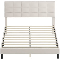 Queen Size Bed Frame with Upholstered Headboard, Modern Platform Bed Frame with Wood Slats, 1100 lbs Capacity, Cream