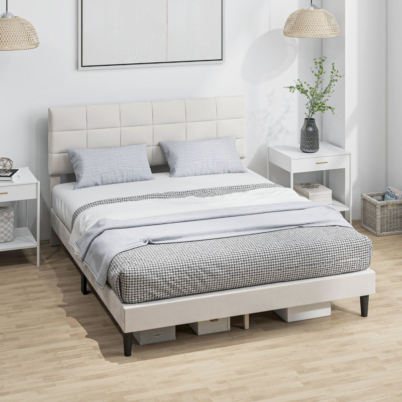 Queen Size Bed Frame with Upholstered Headboard, Modern Platform Bed Frame with Wood Slats, 1100 lbs Capacity, Cream
