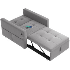 Convertible Chair Bed, Pull Out Sleeper Chair with USB, Adjustable Backrest, Small Velvet Futon Sofa Bed, Grey