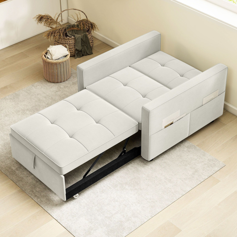Convertible Chair Bed, Pull Out Sleeper Chair with USB, Adjustable Backrest, Small Velvet Futon Sofa Bed, Cream White