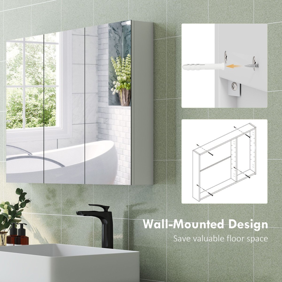 Three-Mirror Bathroom Medicine Storage Cabinet - White