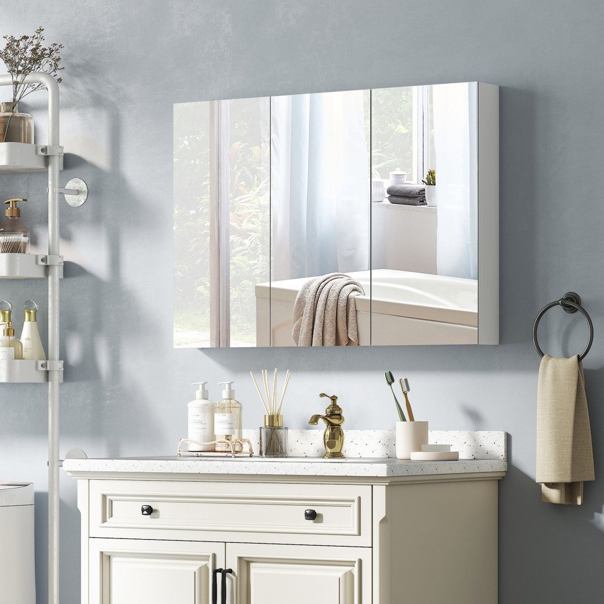 Three-Mirror Bathroom Medicine Storage Cabinet - White