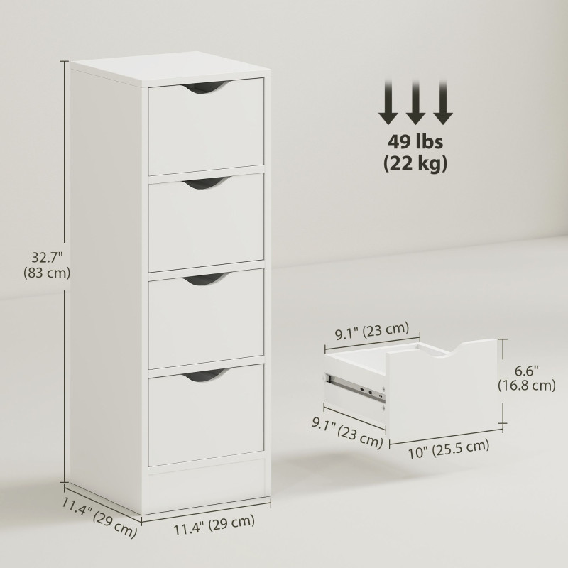 4-Drawer Bathroom Cabinet, Freestanding Narrow Storage Cabinet with Groove Handles for Small Spaces, White