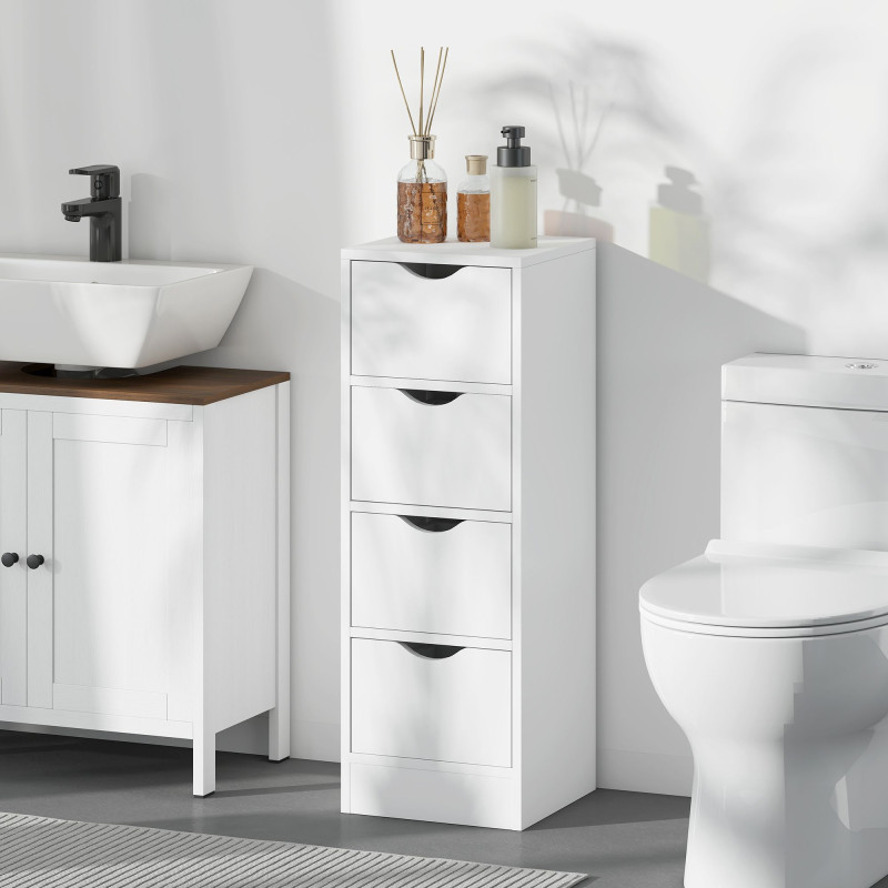 4-Drawer Bathroom Cabinet, Freestanding Narrow Storage Cabinet with Groove Handles for Small Spaces, White