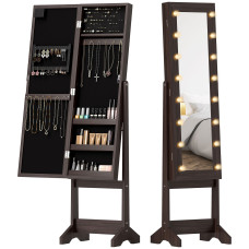 Free Standing Armoire Organizer, Lighted Mirrored Jewelry Cabinet w/ Angle Adjustable & 16 LED Lights, Dark Brown