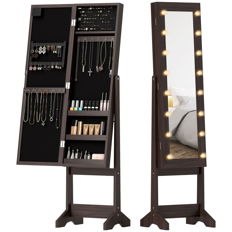 Free Standing Armoire Organizer, Lighted Mirrored Jewelry Cabinet w/ Angle Adjustable & 16 LED Lights, Dark Brown