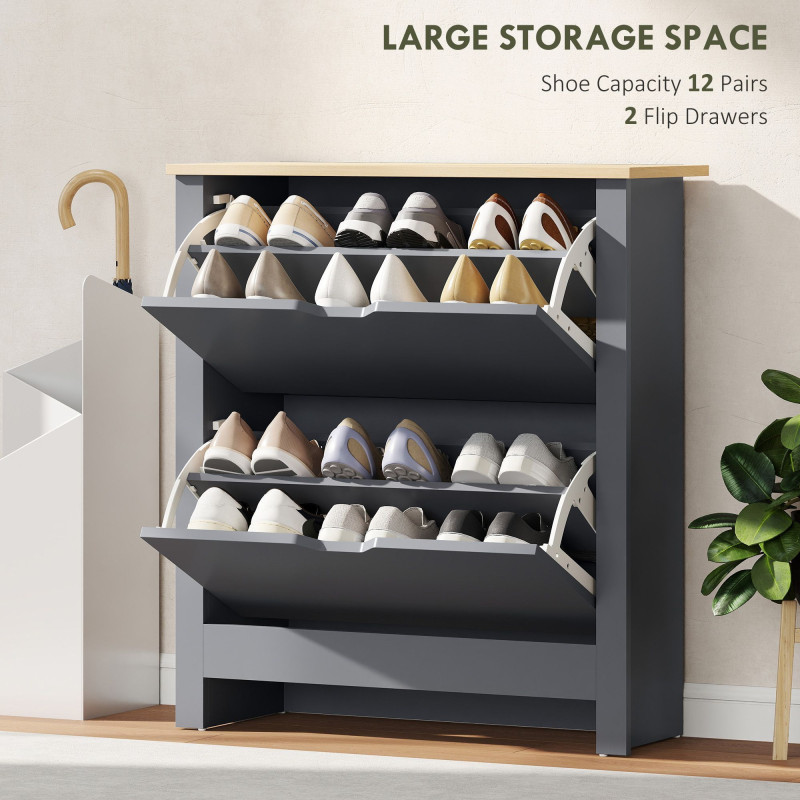 Shoe Storage Cabinet with 2 Flip Drawers and Adjustable Shelves for 12 Pairs of Shoes, Dark Grey