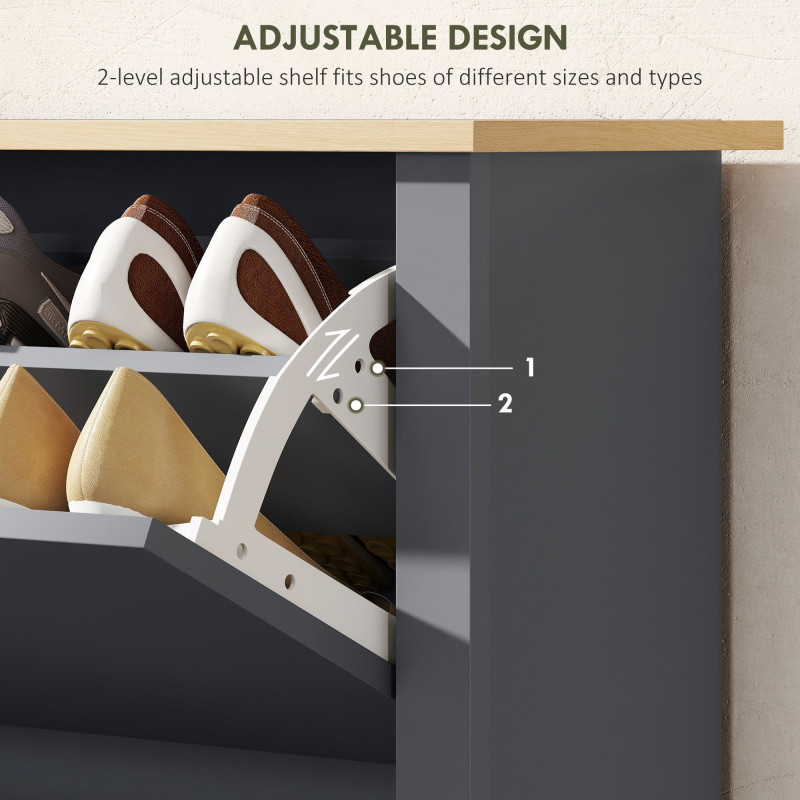 Shoe Storage Cabinet with 2 Flip Drawers and Adjustable Shelves for 12 Pairs of Shoes, Dark Grey