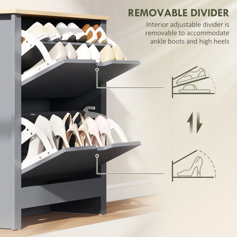 Shoe Storage Cabinet with 2 Flip Drawers and Adjustable Shelves for 12 Pairs of Shoes, Dark Grey
