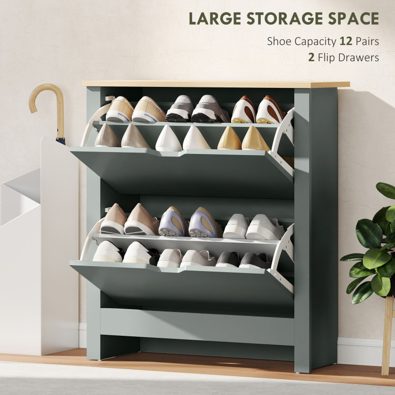 Shoe Storage Cabinet with 2 Flip Drawers and Adjustable Shelves for 12 Pairs of Shoes, Light Grey