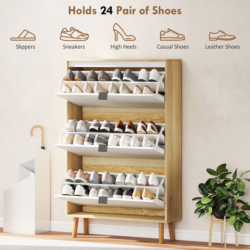 Narrow Shoe Cabinet, High Gloss Shoe Storage Cabinet with 3 Flip Drawers and Adjustable Shelves, Holds 24 Pairs, White