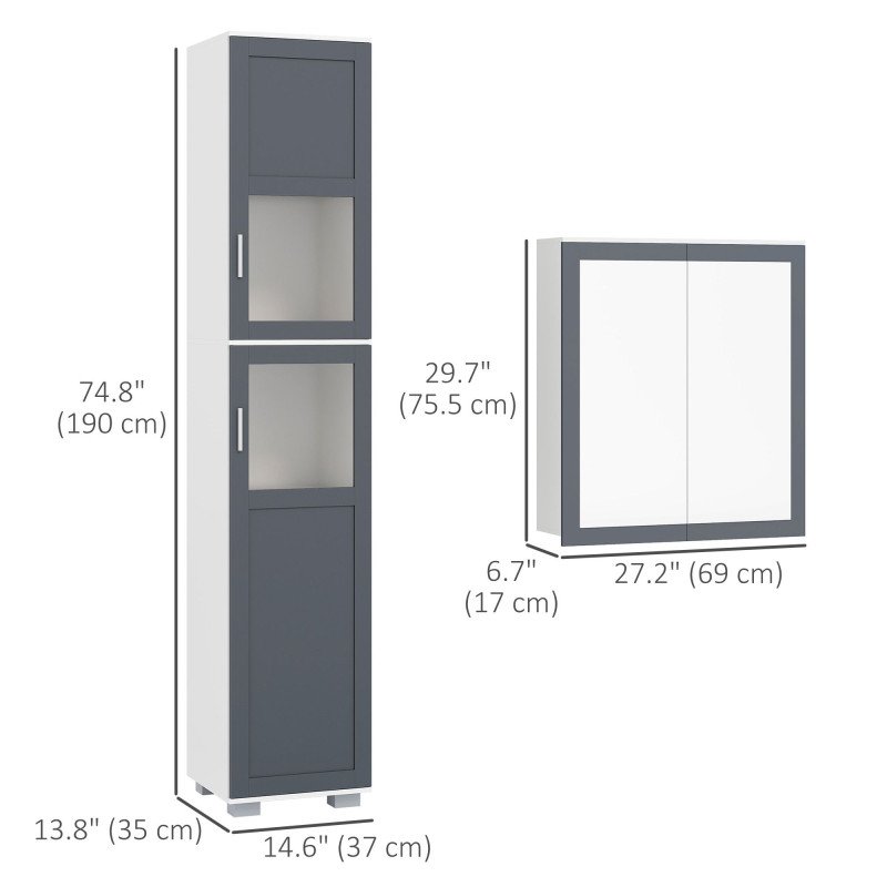 Bathroom Storage Cabinet Set, Wall Mounted Medicine Cabinet, Bathroom Cabinet with Adjustable Shelves, White & Grey
