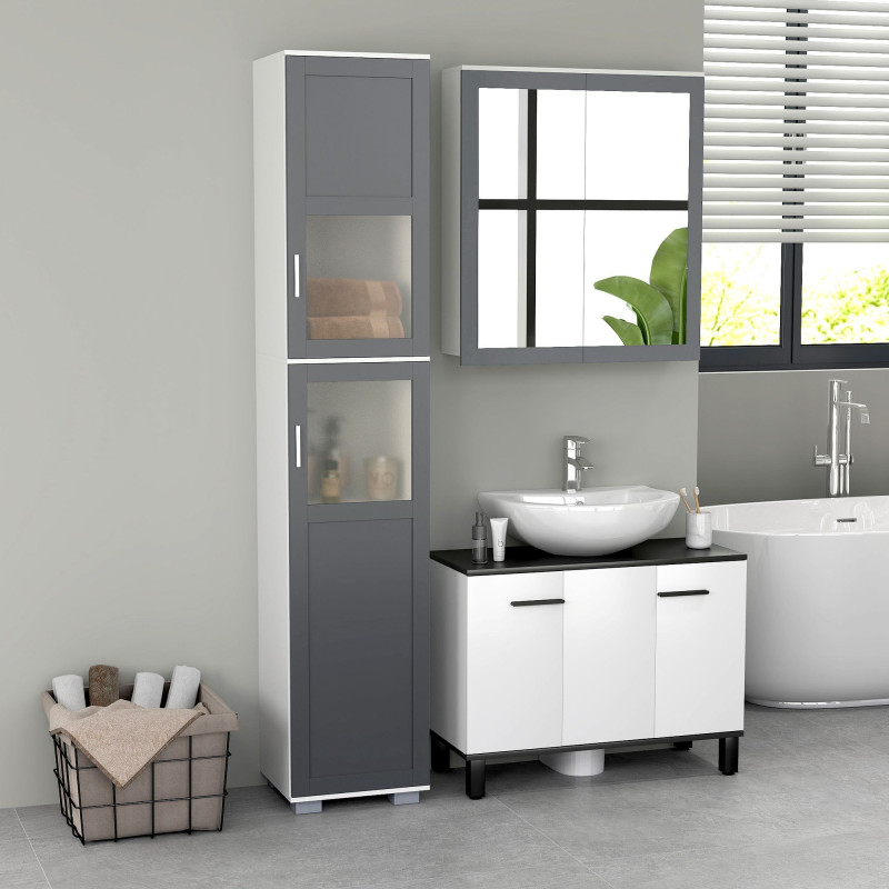 Bathroom Storage Cabinet Set, Wall Mounted Medicine Cabinet, Bathroom Cabinet with Adjustable Shelves, White & Grey