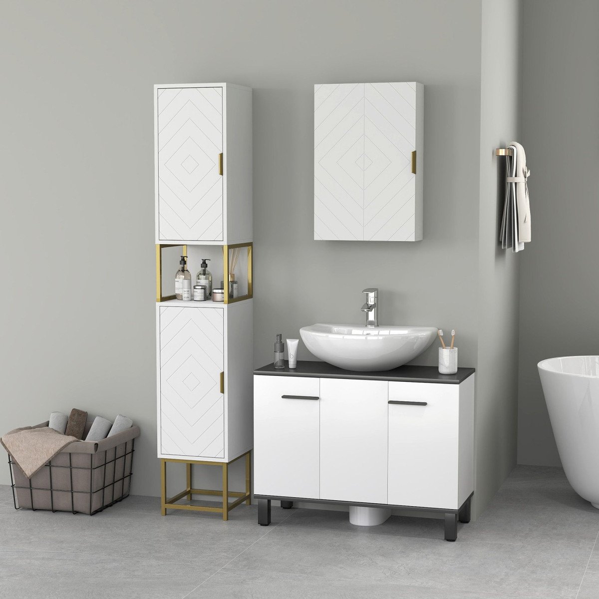 2-Piece Bathroom Storage Cabinet Set, Bathroom Cabinets with Adjustable Shelves, Free Standing, Wall-Mounted, White